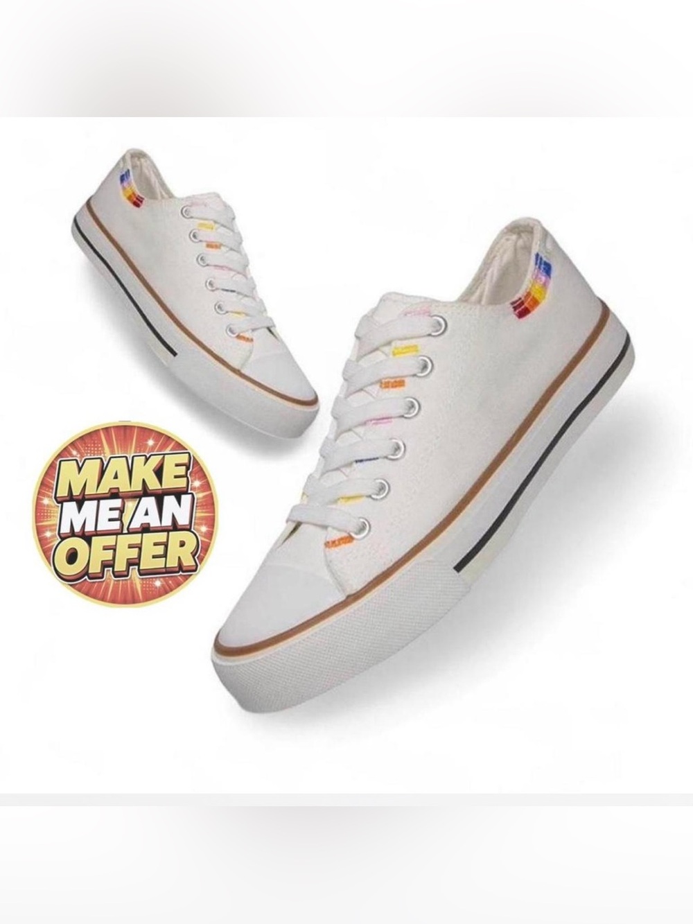 Brand New White Canvas Low-Top Sneakers with Rainbow Accent - SZ 8